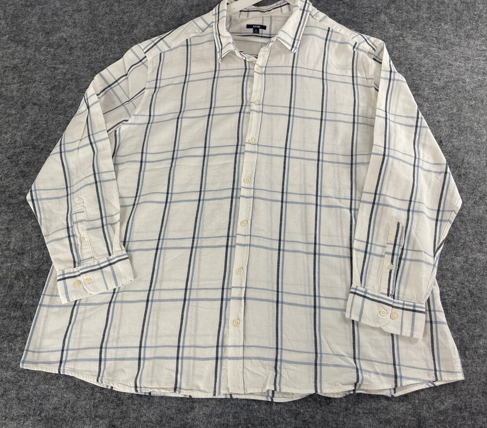 Kiabi Shirt Mens 5XL Button Up Plaid Linen Cotton Big Plus White L/S N321